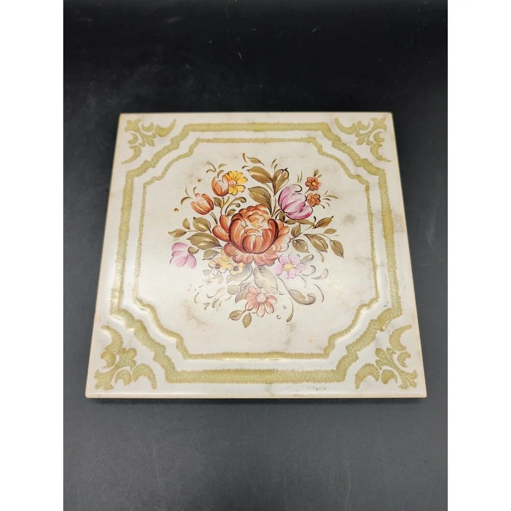 Vintage Victorian Style Floral Ceramic Tile Trivet Embossed Gold Border Hot Pad